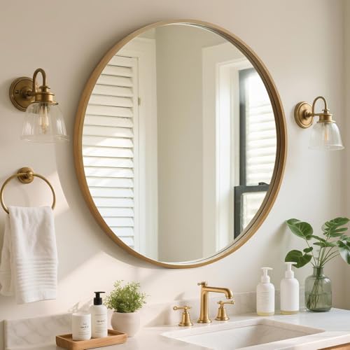 Image of WallBeyond Round Wood Mirror, 32 inch Round Modern Decoration Large Circle Wall Mirror for Bathroom Living Room Bedroom Entryway, Natural