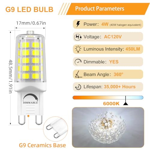 Image of BAOMING G9 LED Bulb Dimmable 4W (40W Equivalent) 6000K Cool White 12 Pack | T4 G9 Bi-pin Base Halogen Replacement 120V No Flicker 450LM for Basement, Corridor, Utility Room, High-Visibility Areas