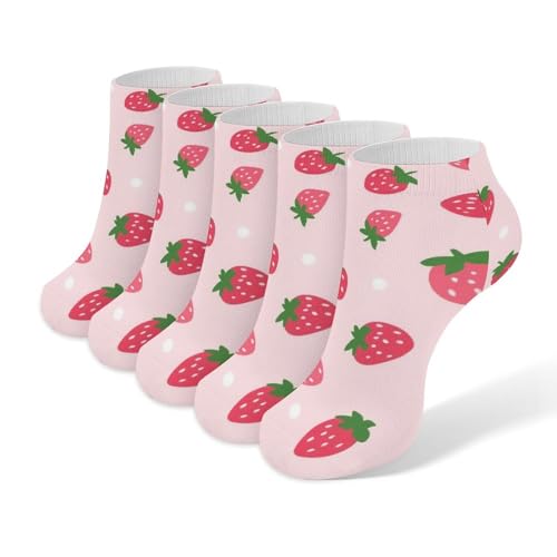 4TH N Casual Fashion Athletic Ankle Socks, Lightweight Comfy Elastic Sock Cute Pink Strawberry Polka Dot for Women and Men Jogging, Training, Walking Wear