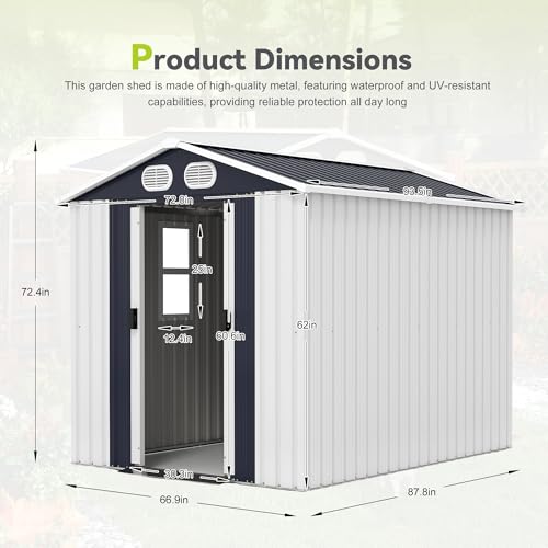 Image of KEIKI 8x6 FT Heavy-Duty Outdoor Storage Shed, Metal Shed with Reinforced Frame, Lockable Doors & Air Vents, Weatherproof Garden Tool Shed for Backyard, White
