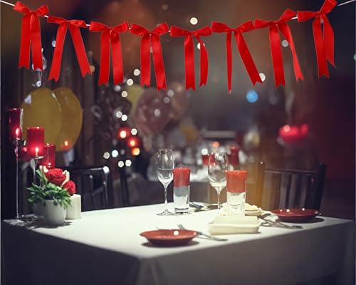 Image of Red Bow Garland Banner for Bachelorette Decorations, Coquette Birthday Wall Decor, Bow Party Decor Banner for Bridal Shower, Wedding Favors, Party Supplies, Engagement Supplies (Hot Red)