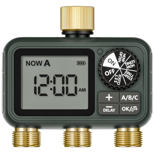 WILAWELS Brass Sprinkler Timer with Swivel Programmable Water Timer for Garden Hose with Auto/Manual/Rain Delay Watering Digital Irrigation System Kit for Garden Yard Lawn 3 Outlet F13WT06