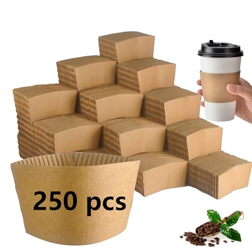 BKISVWCSop [250 Pack] Disposable Coffee Cup Sleeves, Corrugated Kraft Paper Hot Cup Sleeves Fit 10oz-24oz Cups, Recyclable Cup Sleeves for Hot Drinks