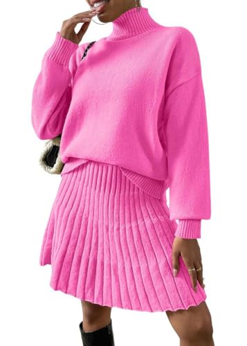 Onsoyours Strickkleid Damen Rollkragen Elegant Langarm Tunika und Rock Minikleid Strickpullover für Herbst Winter A Lila rot M