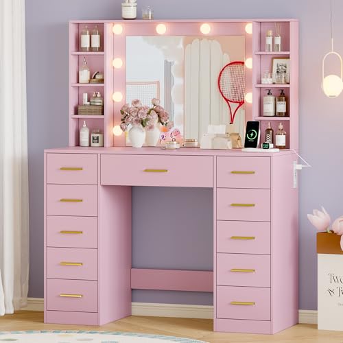Image of Wodeer Makeup Vanity with Drawers, 43 inch Pink Vanity Desk with Mirror and Lights, 11 Drawers & 4 Shelves, Power Outlet & Adjustable LED Lights, Dressing Table for Women & Girls Bedroom