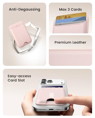 Image of Magnetic Mag-safe Wallet Cell Phone Card Holder for Phone Case with Mag-Safe, Stronger Magnetic RFID Leather Stick on Phone Wallet Compatible with iPhone 17 /16 /15 /14 /13 /12 Series, Light Pink Color