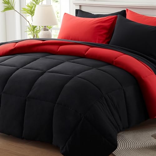 Anluoer King Size Comforter Set 7 Pieces, Reversible Bed in a Bag King Size,Lightweight Bedding Set with 1 Comforter(102*90") , 2 Pillow Shams, 2 Pillowcases, 1 Flat Sheet , 1 Fitted Sheet,Red & Black