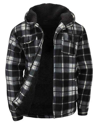 Winter Flannel Fleece Jackets for Men, Plaid Warm Sherpa Lined Coats With Hood Zip Up Hoodie Sweatshirt