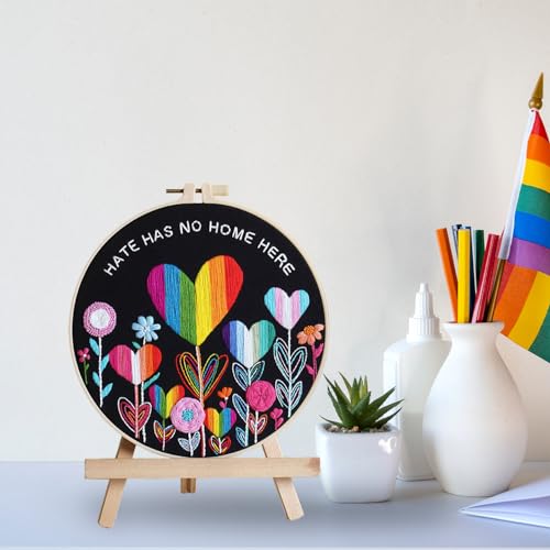 Image of Louise Maelys Flower Beginners Embroidery Kits,Cross Stitch Kit for Adults,DIY Needlepoint with LGBT Love Pattern,Including Cloth, Needles,Threads and Instruction
