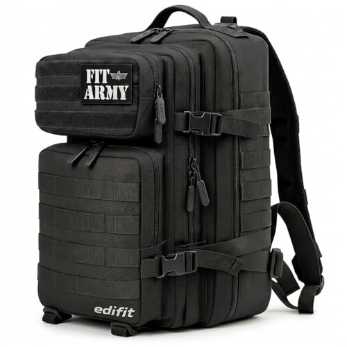 EDIFIT, Mochila Crossfit, 45L, Militar, Tactica, para Gimnasio, Senderismo, Acampada o Supervivencia, Unisex, Resistente, con Multiples Bolsillos (Full Black)
