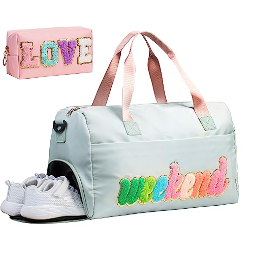 Travel Weekender Bag for Women With Shoe Compartment - Carry-On Duffel, Gym, Hospital Personal Item - Includes Toiletry Bag - 2 Pcs Love Chenille Letter Preppy2