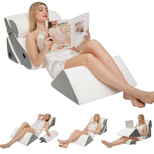 4PCS Orthopedic Wedge Pillow Set for Sleeping, Adjustable Bed Support for Back, Knee, Leg & Lumbar Pain Relief, Acid Reflux, Anti-Snoring & GERD (White)
