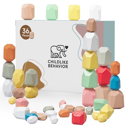 CHILDLIKE BEHAVIOR 36-Piece Wooden Stacking Rocks Game for Toddlers -