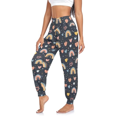 CHIFIGNO Cute Hearts Rainbows Women's Yoga Pants Sport Workout Pants Elastic Waist Pants, S
