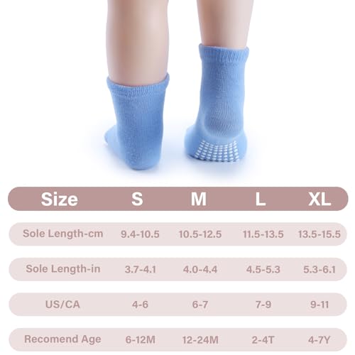 JAKIDAR 12 Pack Baby Toddler Socks Non Slip Grip Cotton Crew Socks for Boys Girls Infants Kids, Sky Blue, 2-4T