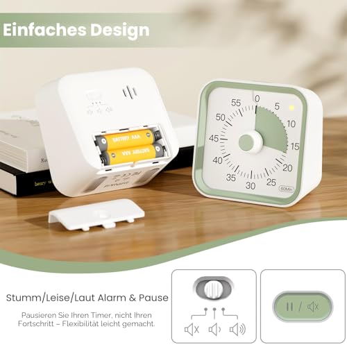 InfPokid Visueller Timer Kinder mit Pausenfunktion, 60 Minuten Countdown Timer für Kinder Schreibtischstudie, Bürotisch und Meetings, Kochen in der Küche, Leises Zeitmanagement für ADHS (Weiß) 4