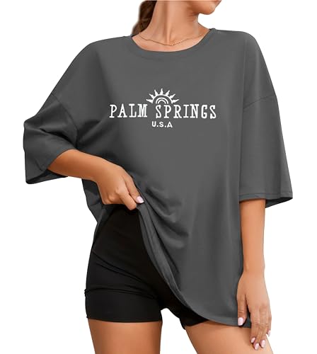 Womens Oversized tee Shirts Palm Springs Print Graphic Vintage Tees Workout Shirts for Teens Pump Covers Gym Women F508-610-DarkGrey M
