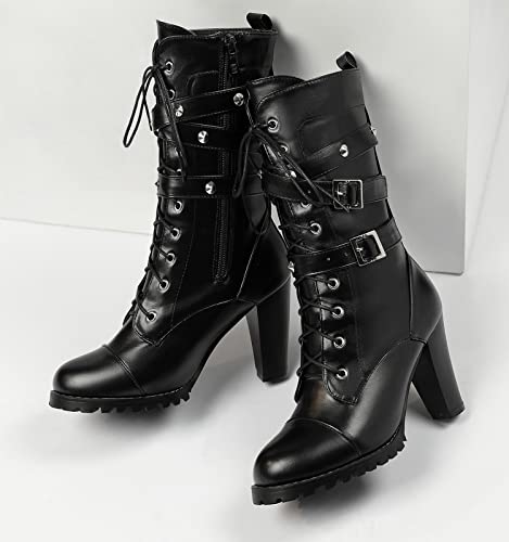 Susanny Goth Boots For Women Harley Boots Black Steampunk Shoes Heeled Combat Boots Gothic Leather High Heel Mid Calf Motorcycle Boots 7.5 #TOP7