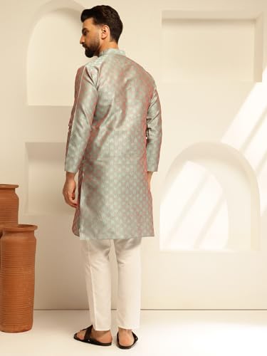 Image of SOJANYA (Since 1958 Men's Jacquard Silk Contrast Red Thread Woven Design Kurta With Pyjama