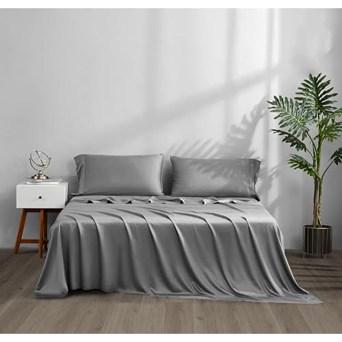 ACCURATEX Cooling Sheets Twin Size - Viscose Made from Bamboo, Luxury Cool Silky Sheet Set for Twin Size Bed, Super Soft Breathable Bedding Sheets up to 16 inches Deep Pockect,Grey Gray Twin