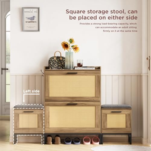 Image of Maupvit Shoe Cabinet Storage for Entryway with Bench, Rustic Oak Rattan Narrow Shoe Cabinet with 2 Flip Drawers, Wooden L-Shaped Shoe Rack Slim Shoes Storage Organizer for Hallway, Entrance