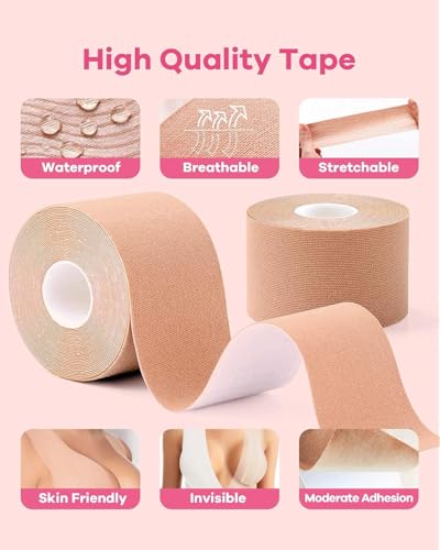 Image of COOFANDY Adhesive Bra Push Up Boob Tape for Large Breasts - With 1 Pair Reusable Invisible Silicone Nipple Covers, 36 Strips Fabric Tape for Women Clothing and Body, Suitable for Breasts A-G Cup Beige