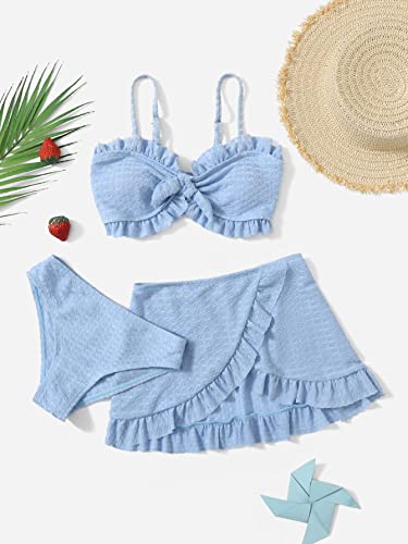 Shenhe Girl's 3 Piece Cute High Waisted Ruffle Trim Swimsuit Bikini Sets With Beach Skirt Light Blue 11-12Y #TOP4