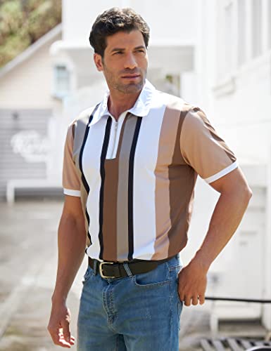 Men's Vintage Brown Stripe 3D Zipper Polo Shirt - Slim Fit, Short Sleeve, Turn Down Collar, Large #TOP1