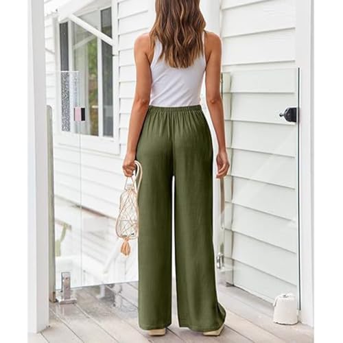 HOTYD Wide Leg Pants Women Cotton Linen High Waisted Flowy Casual Baggy Drawstring Palazzo Trousers Beach Pants3