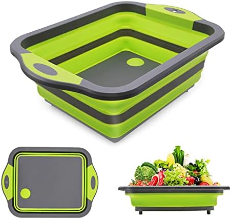 EZOYU Collapsible Cutting Board, Chopping Board with Colander, 3 in 1 Multifunctional Kitchen Vegetable Washing Basket, Silicone Dish Tub for Home Kitchen Outdoor Camping Picnic BBQ Prep Tub