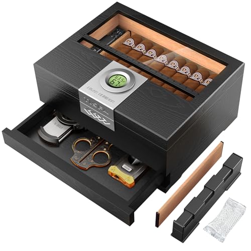 TISFA Cigar Humidor Cedar Wood Desktop Humidor Box with Digital Hygrometer Adjustable Humidifier Accessory Drawer Divider Cigar Length Measurement Glass Top Storage Holder Cigar Case (Black)