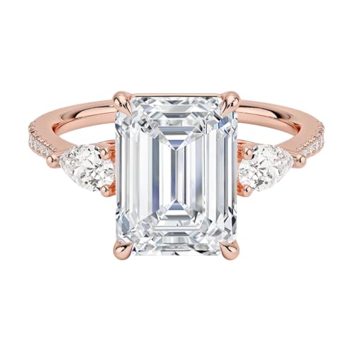 3 CT Emerald Cut Lab Grown Diamond Three Stone Accented Engagement Ring