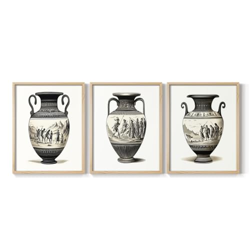 Renditions Gallery Set of 3 Peel & Stick Framed Prints, Pottery Wall Art, Ancient Greek Vase Wall Decor, Re-Stickable - Ready to Hang - 16"x20" - Natural Frame LT597