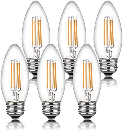 Bioluz LED Light Bulbs, 93 CRI Dimmable LED Filament, 60 Watt Incandescent Equivalent, 5W E26 Medium Base Candelabra Light Bulbs, Clear C37 LED Filament, Title 20 Compliant, 6-Pack