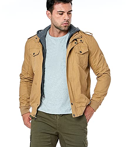 CARWORNIC Chaqueta militar de algodón para hombre, chaqueta ligera y casual, para exteriores, abrigo de carga con capucha extraíble, caqui, XL Cover