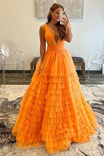 Women's Tiered Tulle Prom Dresses Long Ruffles Ball Gown V Neck A-Line Layered Formal Evening Party Gowns2