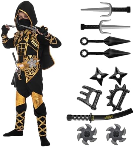 Spooktacular Creations Golden Ninja Costume Set, Ninja Jumpsuit with Foam Accessories for Kids, Halloween Cosplay Party
