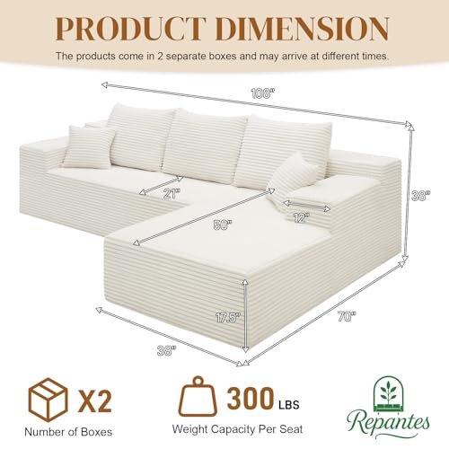 Image of 108 inch L Shaped Boneless Sectional Couches for Living Room, Comfy Corduroy Floor Cloud Sofa with Chaise, Wide Armrest, Deep Seat, Memory Foam, Assembly Free, Ideal for Small Spaces, White