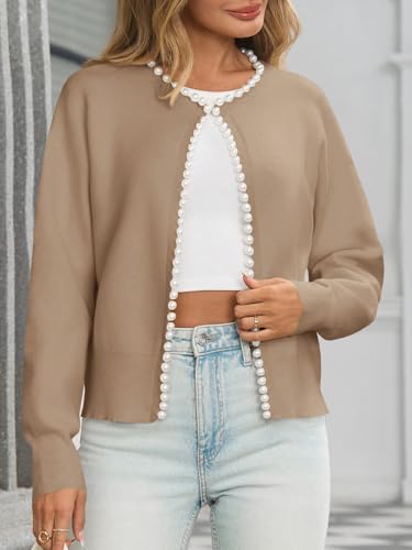 Image of Saodimallsu Womens Fall Open Front Cardigan Sweaters Pearl Long Sleeve Knit Tops Crewneck Dressy Casual Sweater Jacket