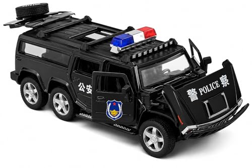 Image of WORSHIPER 1:32 Six-Wheeled Police Hummer Die Cast Metal Toy Car with Sound & Light, Openable Doors, Pull Back Action, Collectible Toy Vehicle for Kids (1 /32 Hummer Police CAR (Black)