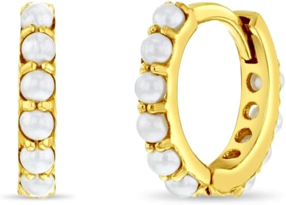14k Yellow Gold Extra Small Simulated Pearl Hoop Earrings For Babies and Little Girls 7mm - Tiny 2mm Simulated Pearl Earrings For Toddler Girls Special Events