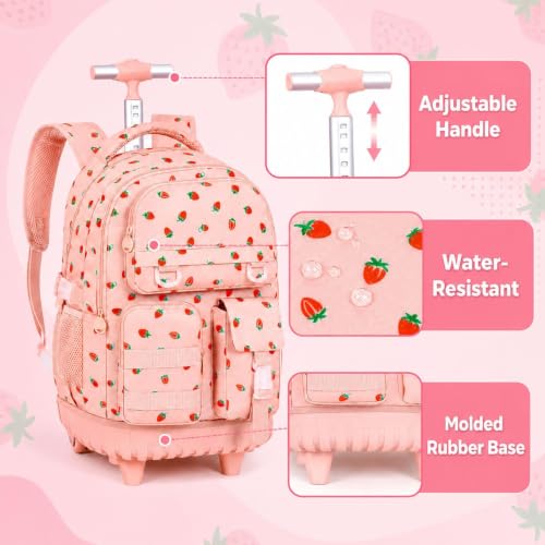 Image of CCJPX Rolling Backpack for Girls, 3Pcs Roller Wheeled School Bookbag, Strawberryra Wheels Backpacks with Lunch Box for Kids (Pink)