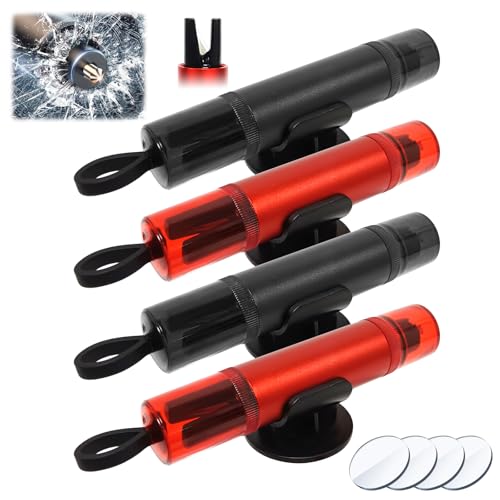 Audasi 4 Pcs Emergency Car Window Breaker, 2-In-1 Car Window Breaker And Seat Belt Cutter with Test Glass Holders Escape Safety Hammer Car Escape Emergency Tool for All Vehicles (Black & Red)