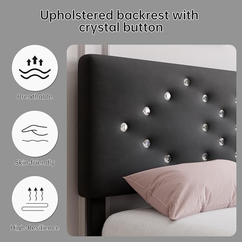 GAOMON Full Size Bed Frame with Headboard, Upholstered Platform Bed Frames Full Size with Crystal Diamond Tufted for Girls/Kids Easy Assembly, Wooden Slats Support, No Box Spring Needed, Black