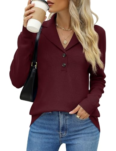 Image of LOMON Sweaters for Women 2025 Fall Knitted V-Neck Collared Button Pullover Dressy Casual Long Sleeve Polo Shirts Business