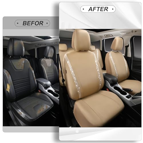 Image of CAR PASS Bling Diamond Car Seat Covers Full Set, Shining Glitter Rhinestone Waterproof Faux Leather Interior Sets Universal Fit Automotive Glitter Crystal Sparkle Strips for Cute Women Girl, Beige