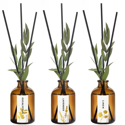 Reed Diffuser Set of 3 Eucalyptus Linen & Lavender Scented Oil Diffusers with 15 Reeds Long-Lasting Home Fragrance for Bedroom & Bathroom Decor 1.7 fl oz Each Total 5.1 oz