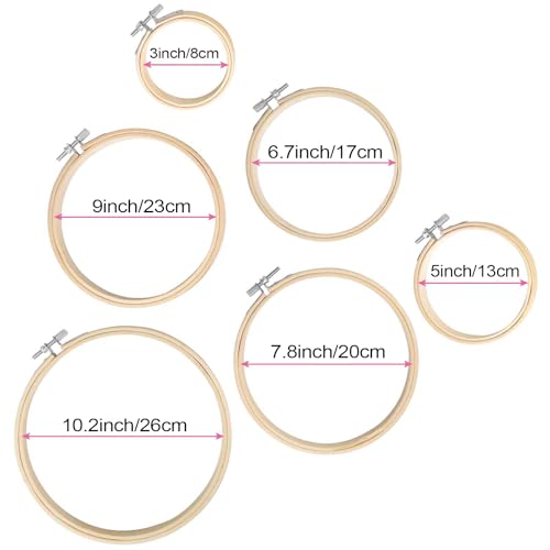 Image of maseyboc Pack of 6 Embroidery Hoops, Bamboo Circle Cross Stitch Hoop Ring, Round Adjustable Embroidery Hoop 3 inch to 10 inch, for Embroidery and Cross Stitch