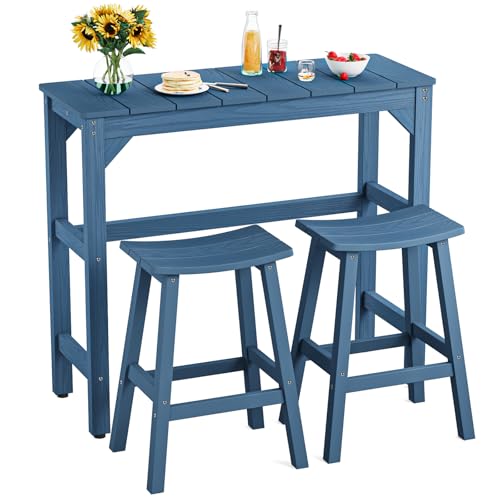 LAHAAP 3 Piece Outdoor Bar Set, 42" Rectangular Pub Height High Top Bar Table & 2 Outdoor Bar Stools for Patio, Garden, Poolside and Bistro, Weatherproof, Blue