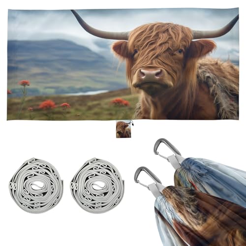 SDMKA Highland Cow Camping Hammock, 330 lbs with 2 Tree Straps, Carry Bag, Single Portable Hammock for Outdoor/Indoor, Hiking, Beach, Backpacking, Travel